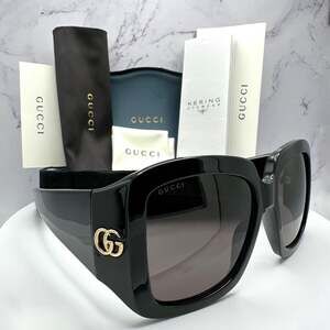 New GUCCI Sunglasses Wrap Square Black Gold Metal GG 55-16-130mm Authentic Gucci